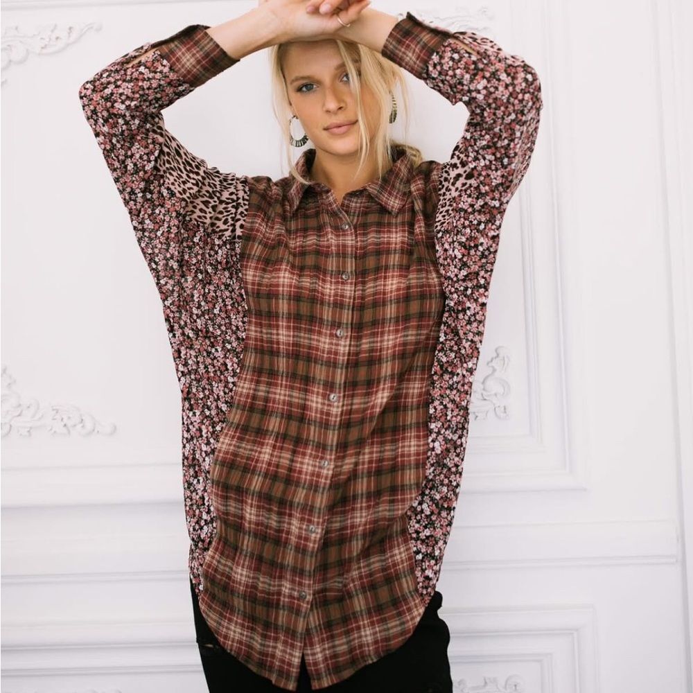ODDY Mixed Print Button-Down Shirt in Burgundy Plaid and Floral